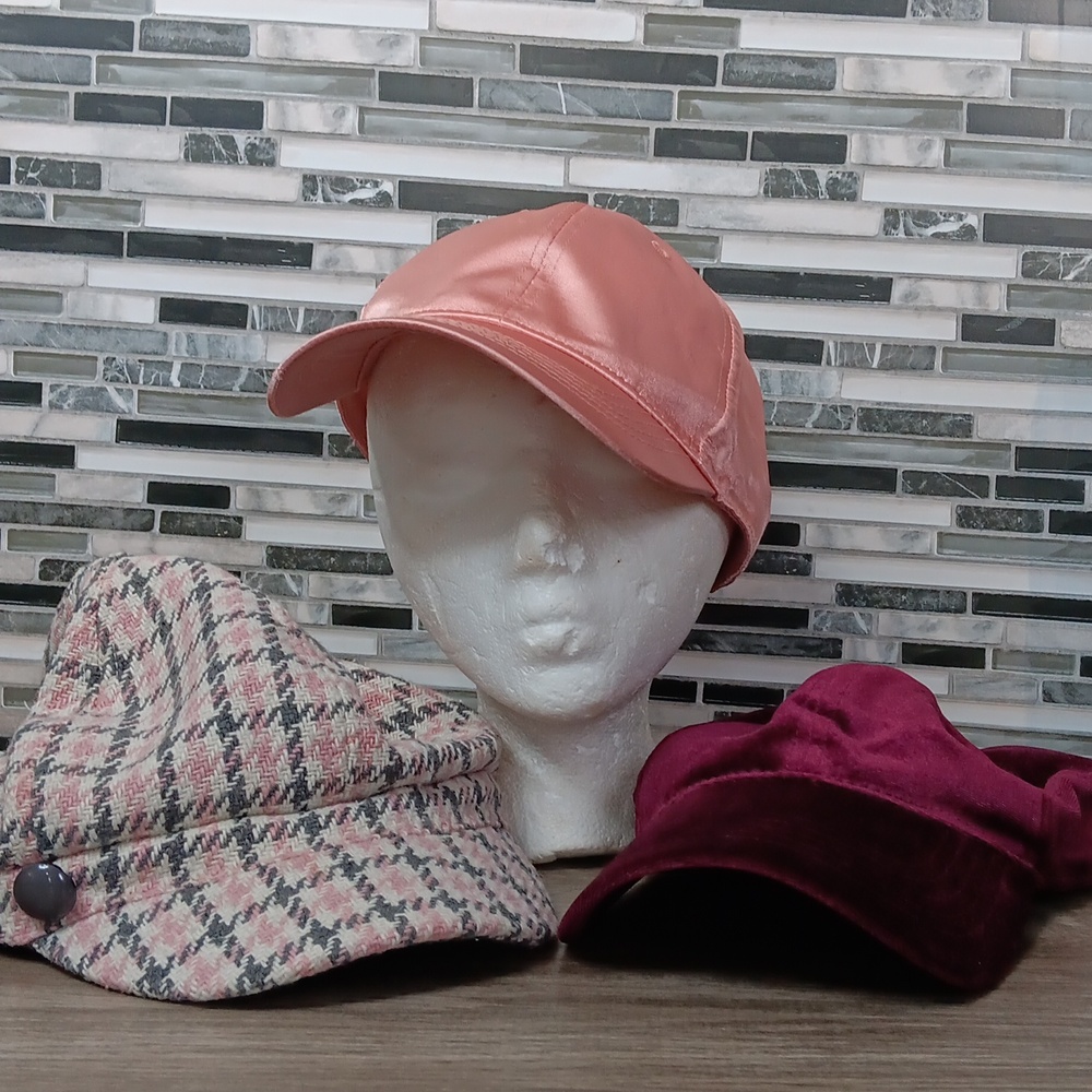 Stylish Hats Wool Paperboy Caps Pink Grey Cap Burgundy Velvet & Rose Satin 3pc - Picture 13 of 13